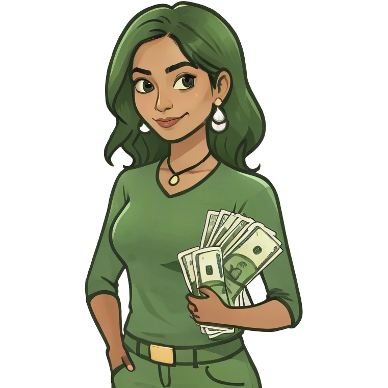 Indian girl with shoulder length hair thinking about money emoji