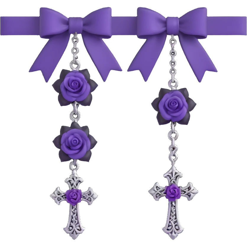 gothic earrings with black velvet bows, silver cross pendants, purple rose accents, ornate and dark, matching the choker emoji