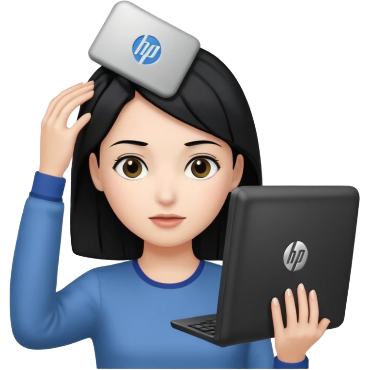 A girl is in front of an HP computer, holding it to her head, and her hair is black. emoji