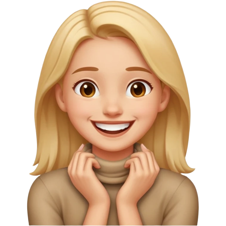 Girl with hands crossed around neck laughing emoji