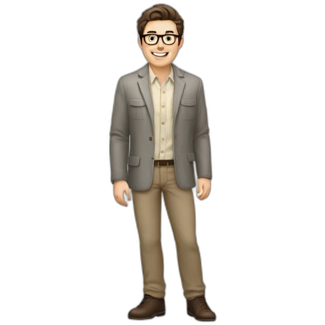 Joyful Full height Pale skinned Fit Man With dark brown hair in gray jacket, beige office shirt, Brown pants and vintage glasses. His thrumbs up emoji