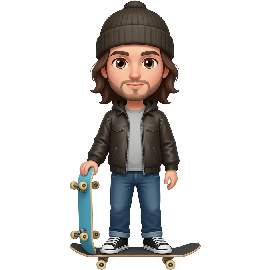 Lean physique, dark brown thick eyebrows, ahoulder length long dark brown hair man, hazel eyes, very scruffy 5 oclock shadow with beanie skateboarder emoji