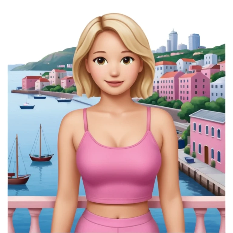 jennifer lawrence, pink crop top leaning on a balcony with a harbor and cityscape in the background, smiling emoji