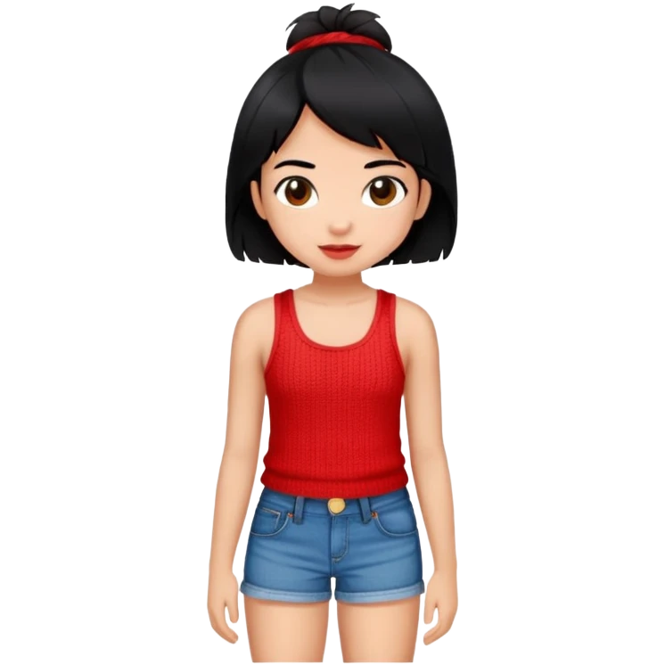 Girl in red yarn tank top with jean shorts, with black hair, Hispanic emoji