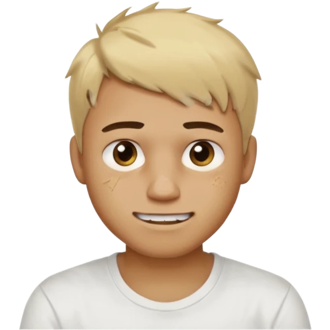 Male with short, messy blonde hair, large expressive golden-brown eyes, brown skin, subtle facial bruises and scratches, crooked smile showing slightly damaged teeth, wearing a plain white t-shirt. emoji
