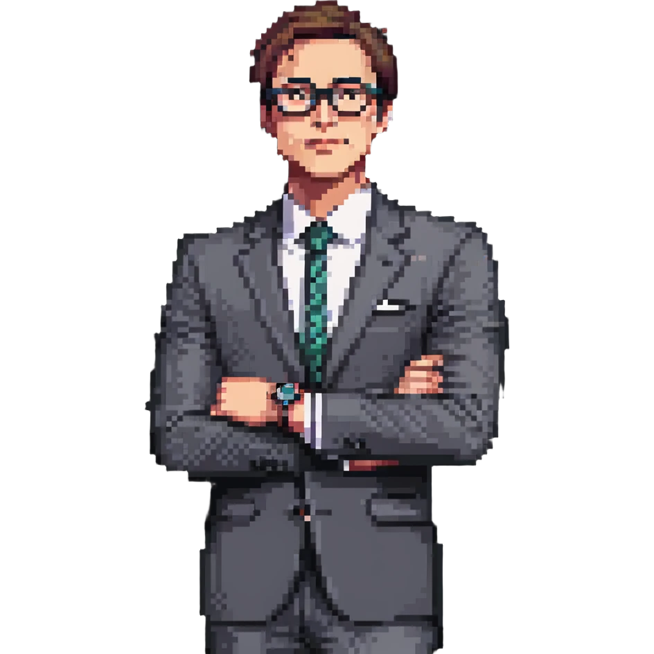 front-facing pixel art illustration of a thoughtful businessman from the waist up, wearing a sharp suit and stylish glasses, one hand under chin, gazing slightly to the side, luxury watch visible on wrist, expression of curiosity and contemplation, clean background emoji