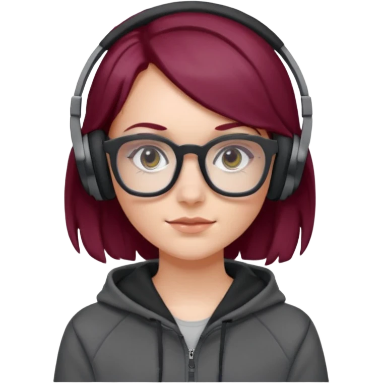white girl with burgundy hair, gray squared-glasses, black deportive hoodie and black headphones emoji