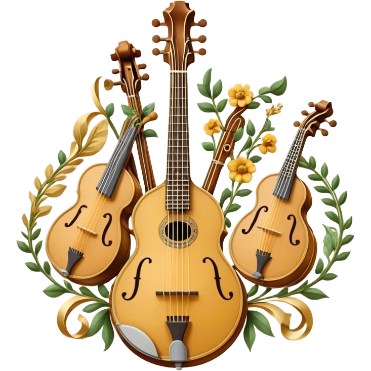 Create an intricate, festive, and emblematic emoji symbolizing plucked string instruments. The design should resemble a regal crest, featuring instruments like a banjo, mandolin, domra, sitar, and other plucked strings, arranged symmetrically in an ornate composition. Their necks and strings should elegantly intertwine with a flowing ribbon of musical notes, wrapping gracefully around the instruments. The overall shape should be grand and balanced, evoking a sense of tradition and celebration. Use a rich and refined color palette with gold, deep mahogany, and vibrant accents, adding intricate wood textures, decorative inlays, and metallic tuning pegs for a professional, polished look. The background should be transparent, making the emblem stand out as an independent artistic mark emoji