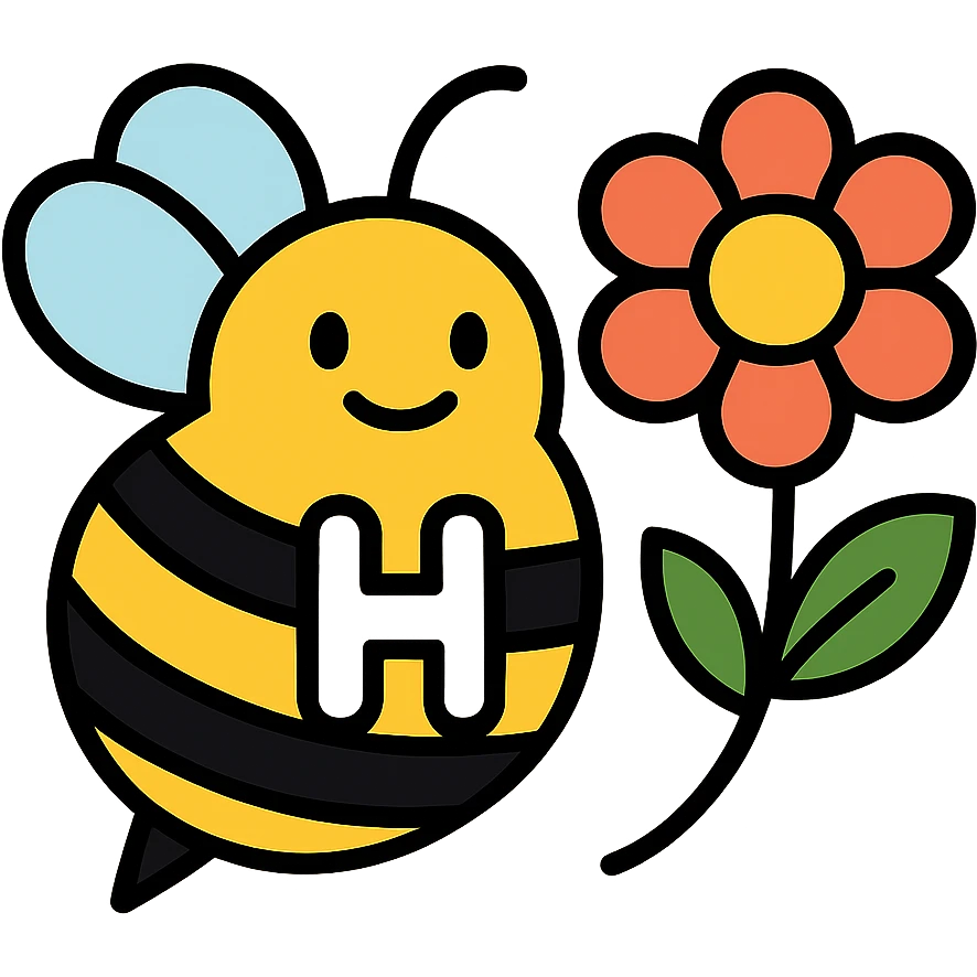 cartoonish bumblebee with the letter H and a colorful flower emoji