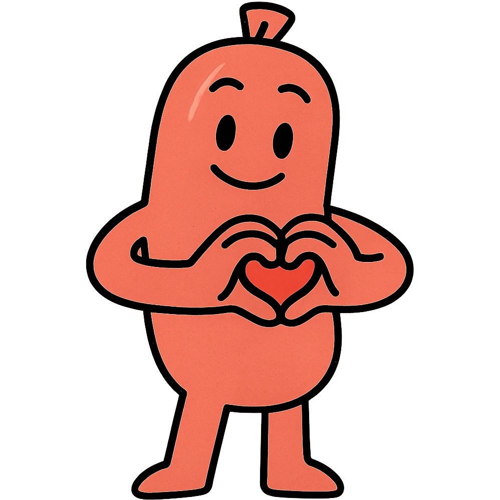 a cute, friendly sausage-shaped humanoid with a pinkish-orange body, forming a heart with its hands emoji