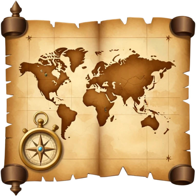 Brown golden map with Travel compass pointing to adventure emoji