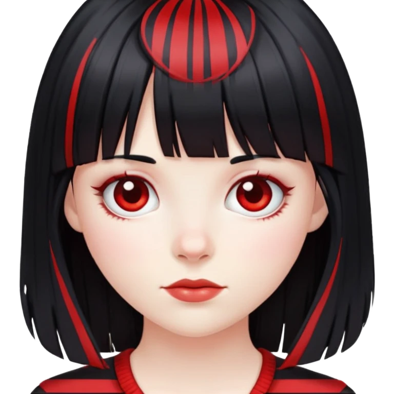 Pale girl, long black hair with red striped hair and bangs emoji