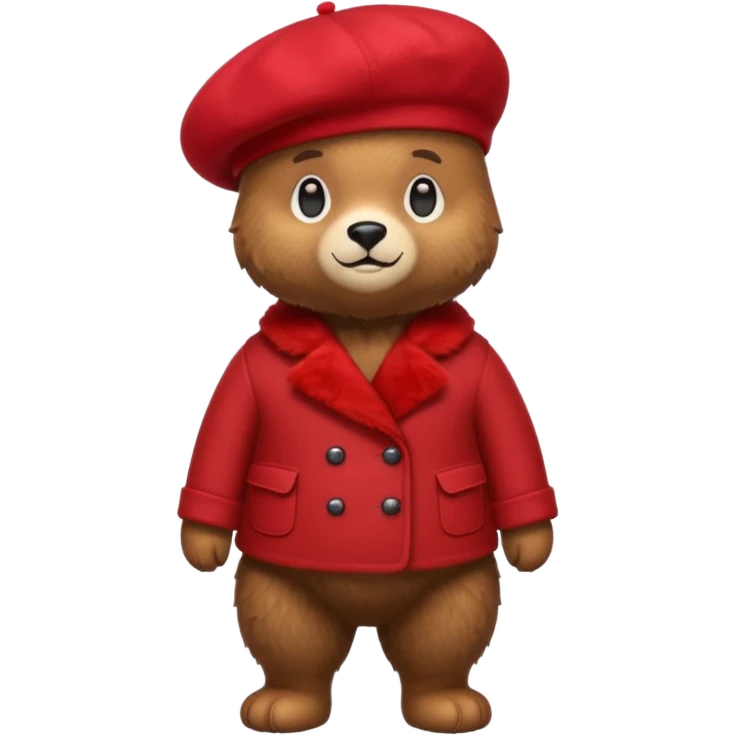 A cute emoji bear, full-length, side view, wearing a stylish red beret. emoji