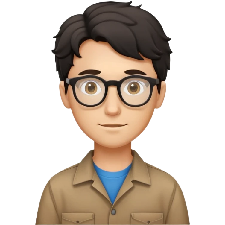 Young caucasian carpenter with black wavy hair, round glasses, brown work clothes with shirt underneath emoji