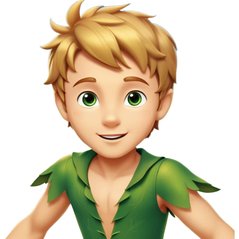 cinematic-realistic-peter-pan-portrait, head tilted dramatically with an exaggeratedly amused expression and sparkling eyes brimming with playful mischief, his iconic outfit rendered in vivid detail with dynamic shadows, soaring through the air flying next to a glowing Tinker Bell, whose delicate wings leave a trail of shimmering pixie dust across a whimsical sky. emoji