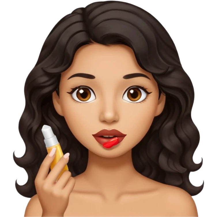 A gorgeous with black wavy hair women applying cute thin lipbalm on her brown lips emoji