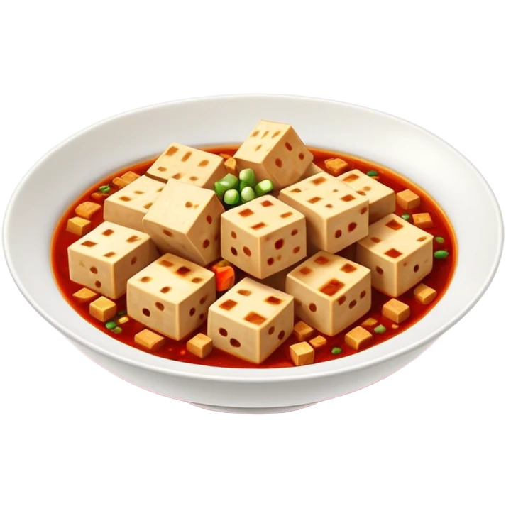 Sichuan mapo tofu spicy red dish with tofu cubes, simplified emoji style with bold outlines and bright colors, cartoon style Chinese tofu dish emoji
