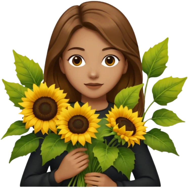 She appears to be a young woman with medium-length light brown hair that falls naturally past her shoulders. 
 In her hands, she holds a bouquet of bright yellow sunflowers with large green leaves, which stand out vividly against her dark clothing and the dark tiled wall behind her. emoji