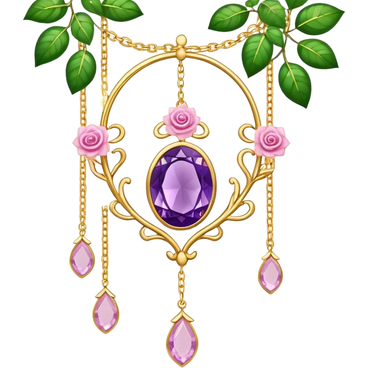 Hanging suncatcher, gold chains with shiny sparkly amethyst and rose-quartz gemstones, flowers, beautiful leaves, gorgeous aesthetics emoji