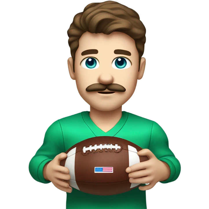 boy with brown hair and light blue eyes with a moustache. wearing a green shirt. holding an american football  emoji