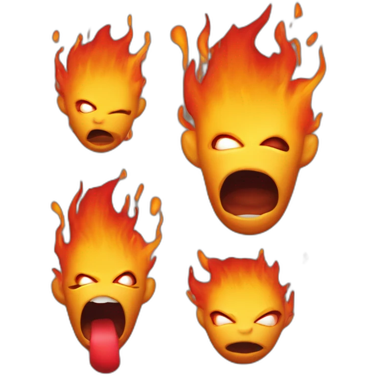 a cartoonish yellow-orange figure with a dome-shaped body, engulfed in orange and red flames at the top, with large dark eyes and a slightly open mouth showcasing a red tongue emoji