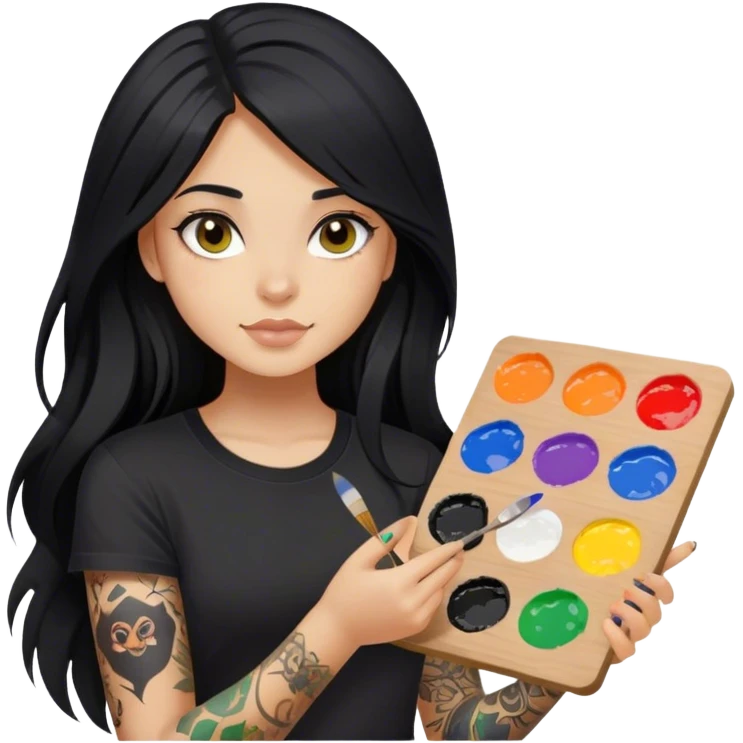 A girl with long black hair  light complexion and hazel eyes and black tattoos on right arm holding a paint palette  wearing black shirt emoji