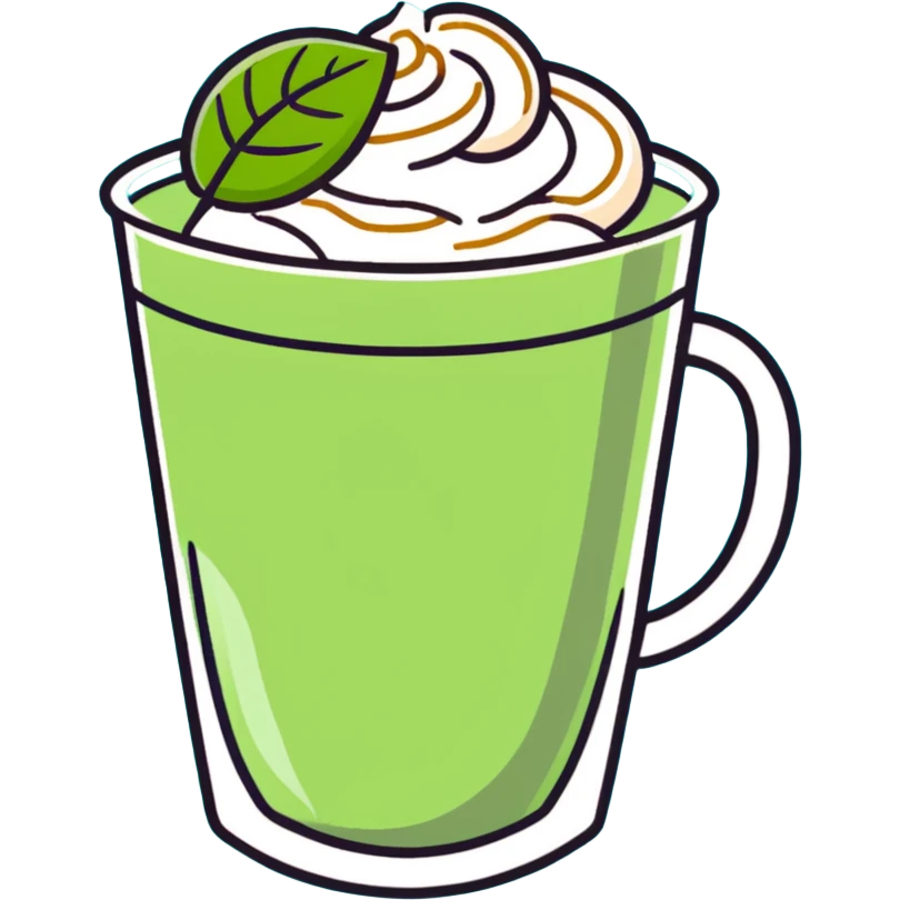 matcha latte in warm olive-brown tones with leaf detail, cute cookie beside it, soft dreamy emoji