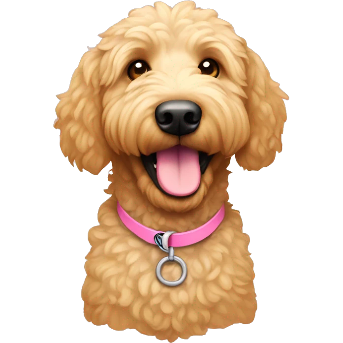 a light colored golden doodle with a pink coller emoji