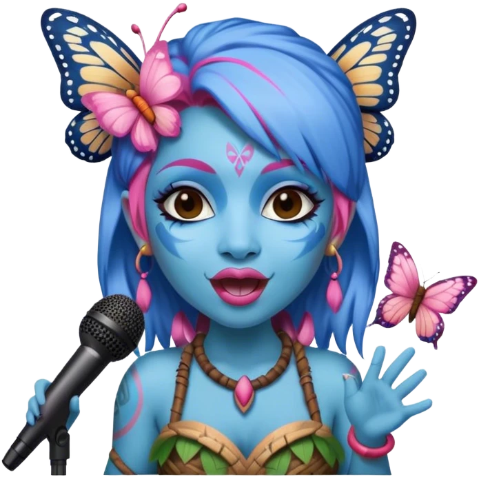 Pixar style Blue and pink tiki girl singing with butterfly and in the mikrophone emoji