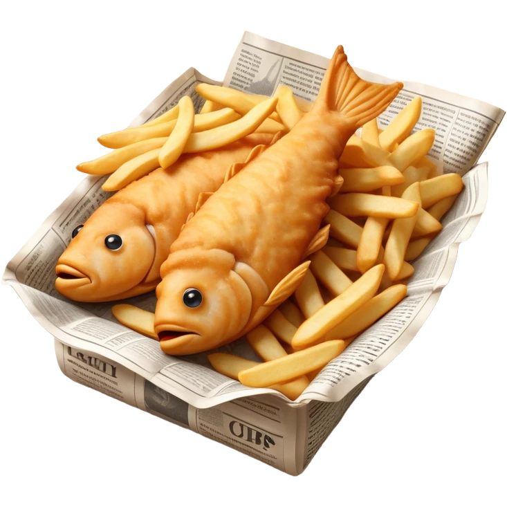 Fish and Chips Cinematic Realistic Fish and Chips Dish Emoji, depicted as a crispy battered fish fillet and golden chips served in traditional newspaper wrapping, rendered with lifelike textures and warm natural lighting that captures its iconic British street food charm  . emoji