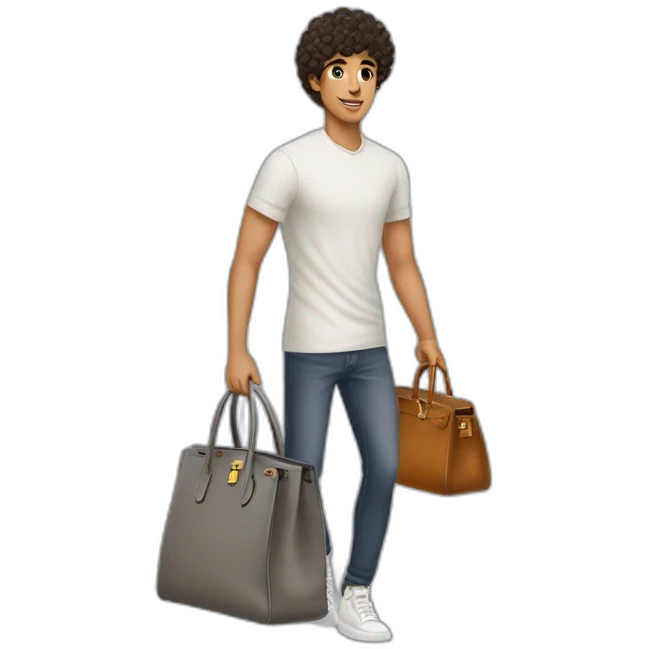 Handsome skinny latino with short curly hairs wearing a grey hermes Birkin bag emoji