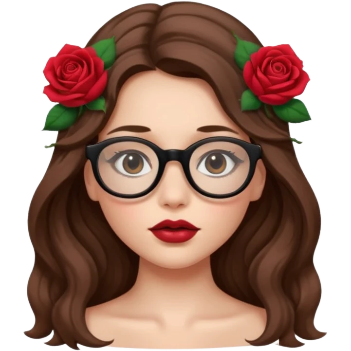 Una ragazza con capelli castani mossi e lunghi e indossi occhiali neri e con una piccola rosa nella testa. Le labbra devono essere color carne, senza rossetto emoji
