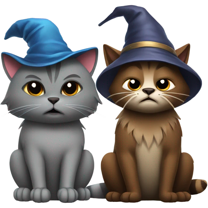 Grey cat with wizard hat sitting next to brown angry raccoon cat emoji