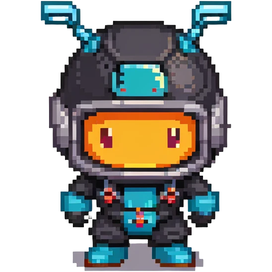 Black bomberman character, ninja-like design, sleek helmet with sharp antenna, mysterious appearance, cool pixel art style emoji