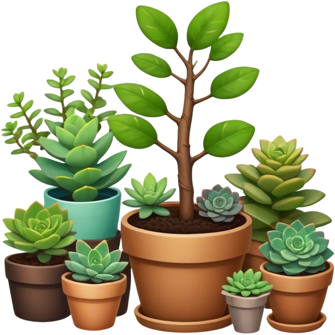 Close-up of a potted sapling in rich soil surrounded by vibrant plants and succulents. Bright sunlight filters through the window, casting soft shadows. Nearby gardening tools rest on a wooden table. Cozy indoor atmosphere with greenery and flowers. emoji