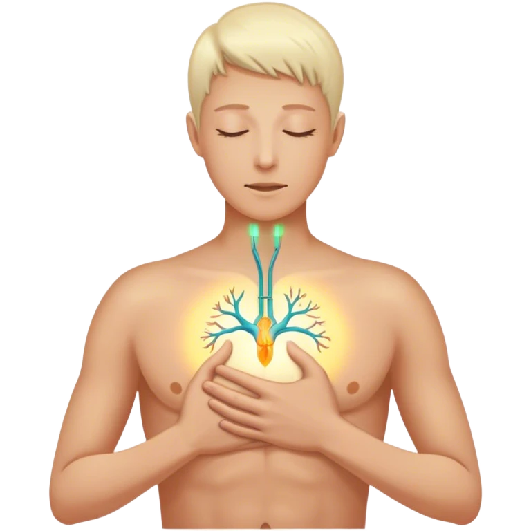 A hand on the chest with a soft, glowing light in the center, representing the vagus nerve switch being activated. The glow spreads through the body’s nervous system, turning off the alarm and bringing a sense of calm and control.-- vagus nerve emoji