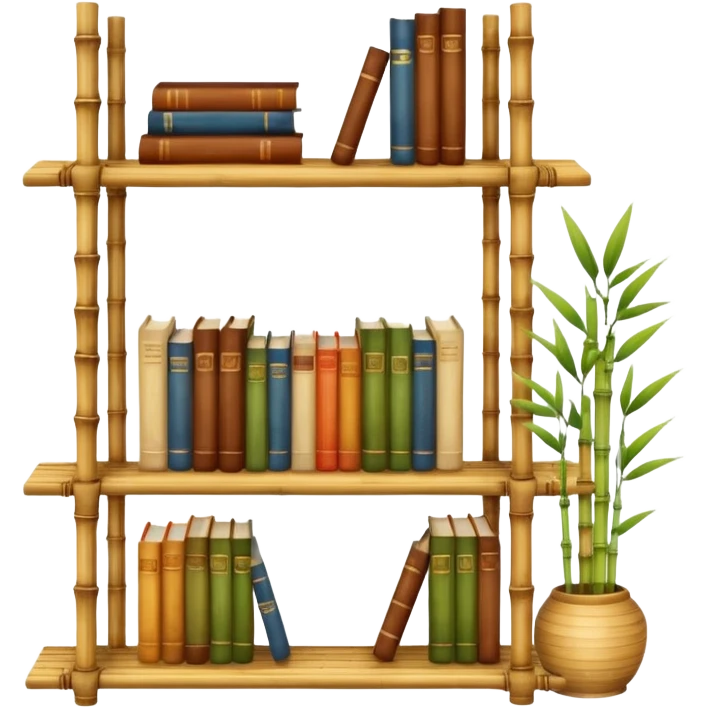 Wooden shelving unit with books and decorative items made of thin dried bamboo  emoji