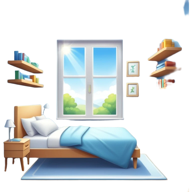 sparkling clean room with a made bed, neat shelves, and sunlight through the window emoji