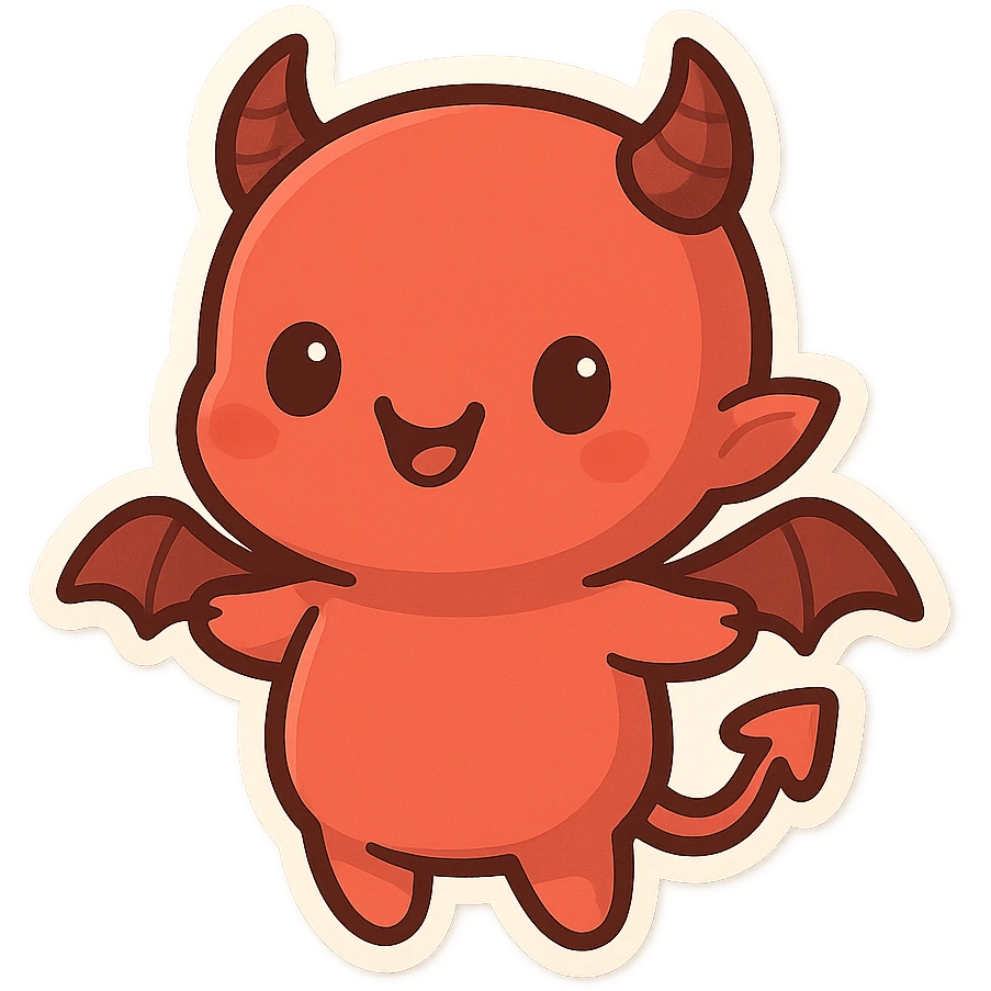 cute devil with round body, tiny wings, smiling, chibi style emoji