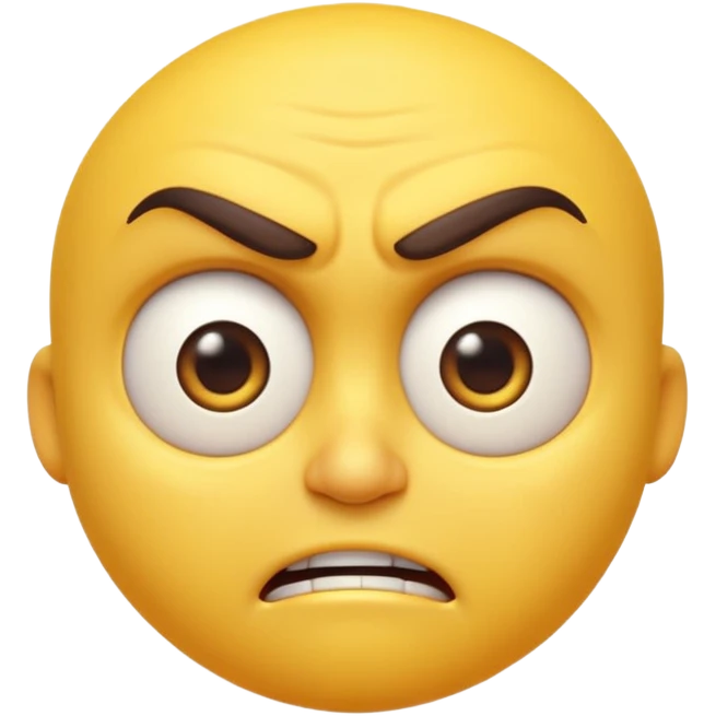 “A high-quality 3D angry emoji, intense facial expression, furrowed eyebrows, narrowed eyes, clenched mouth, vibrant yellow glossy texture, dramatic studio lighting, realistic reflections, smooth rounded shape, ultra-detailed Pixar-style 3D render, isolated on white background, 4K resolution” emoji
