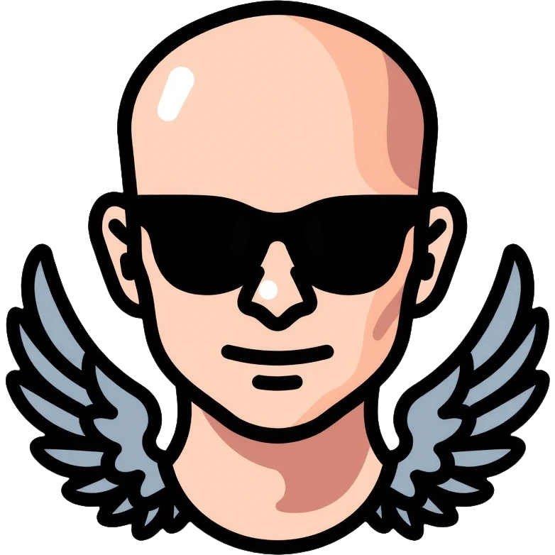 bald man with black sunglasses and wings emoji