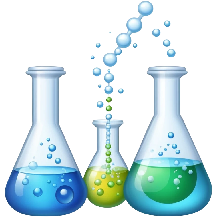 An icon featuring laboratory flasks with tubes, symbolizing chemistry. The design includes liquid and powder substances, a chemical reaction with bubbles, and molecular formulas, representing chemical processes like hydrolysis. Transparent background emoji