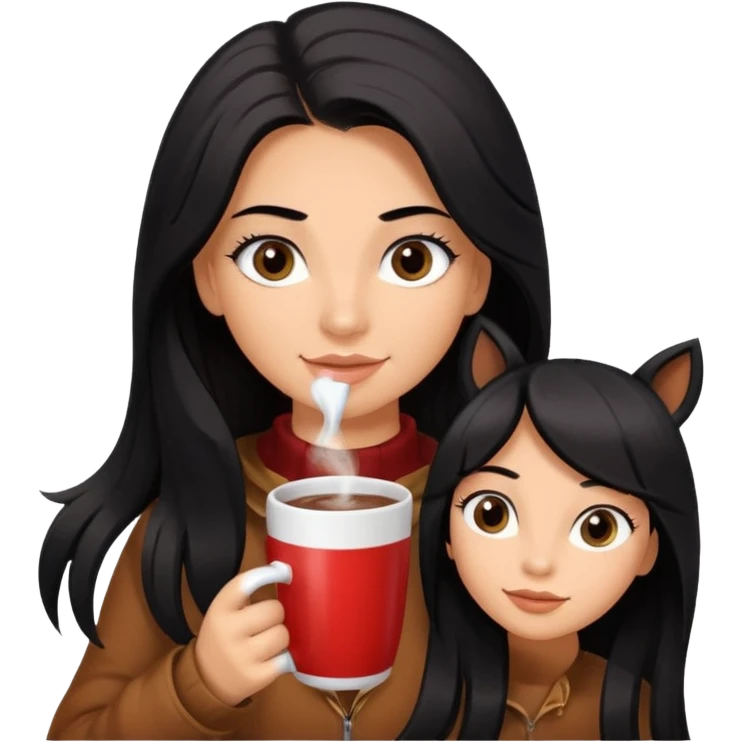 Tanned Girl with lashes , bright black long hair, in an extremely big fluffy brown mustang, and drinking hot chocolate drink emoji