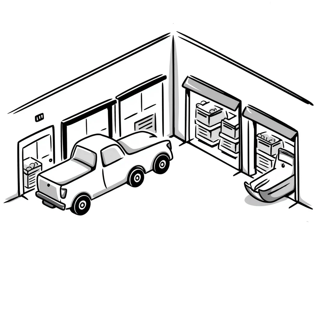 isometric view of an industrial warehouse with loading bay doors, a few parked trucks, and storage shelves visible through open doors emoji