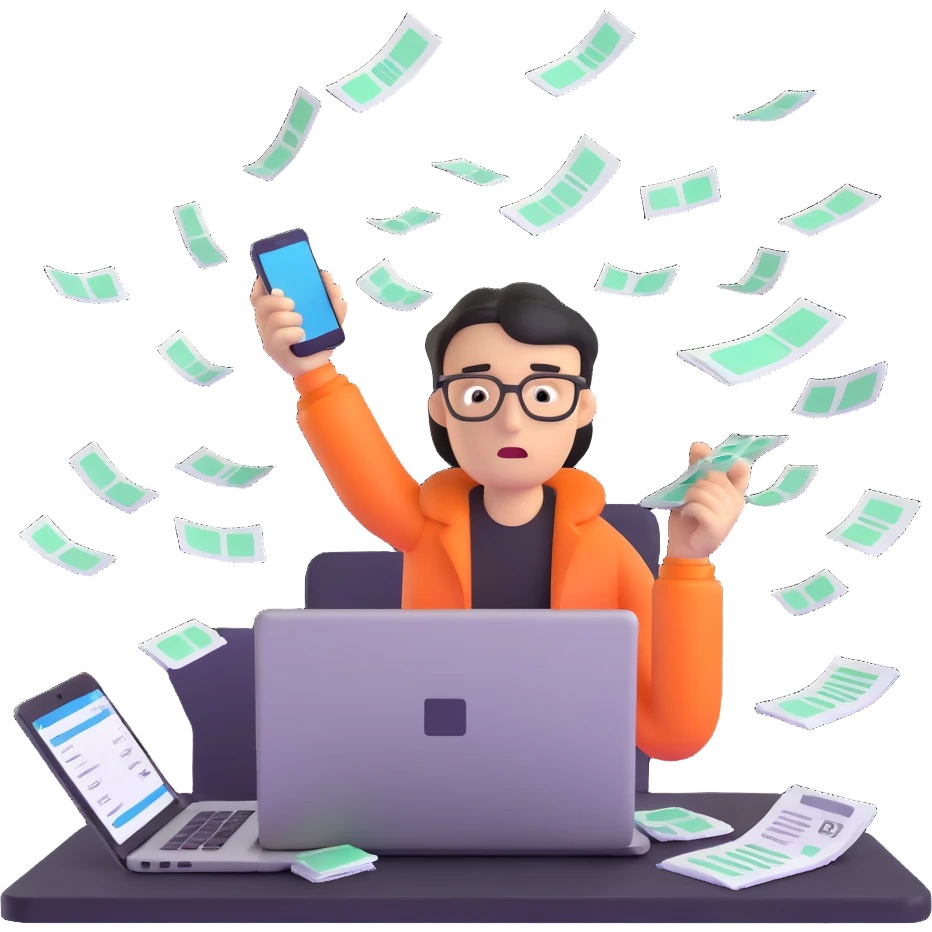 person holding a phone in one hand, laptop open in front, storm of receipts, invoices, and reminders swirling around, multitasking chaos emoji