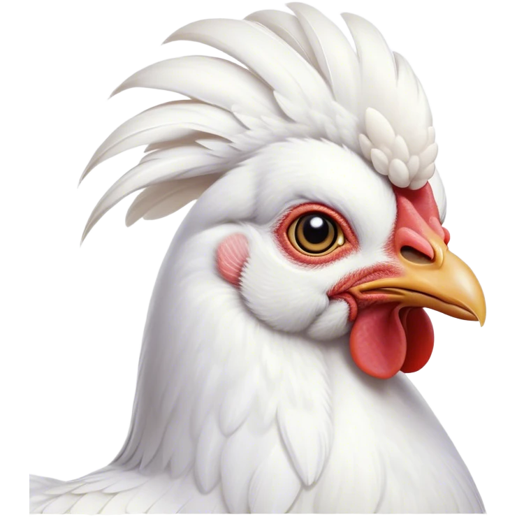 Cinematic Noble White Chicken Portrait Emoji, Poised and regal, with a compact, sturdy build and a pristine, well-groomed pure white plumage, deep-set soulful beady eyes, Simplified yet sharp and sophisticated features, highly detailed, glowing with a soft, dignified glow, high shine, intelligent and alert, stylized with an air of barnyard elegance, focused and attentive, soft glowing outline, capturing the essence of a watchful and confident fowl, so majestic it feels as though it could strut out of the screen with effortless authority! emoji