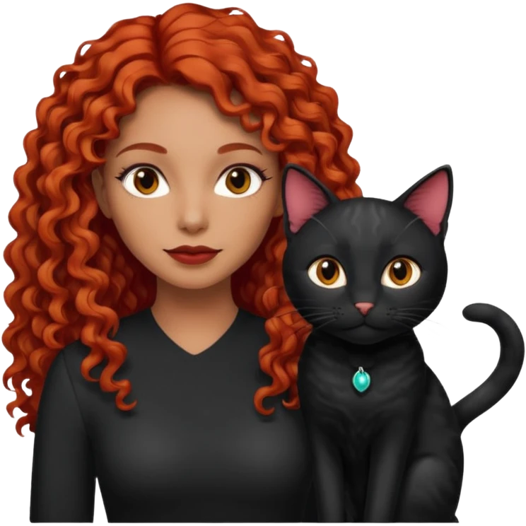woman light brown skin long red curly hair with black cat emoji