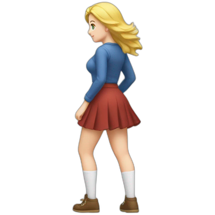 full body back view curvy caucasian beauty in small skirt lifted by strong wind butt white socks emoji