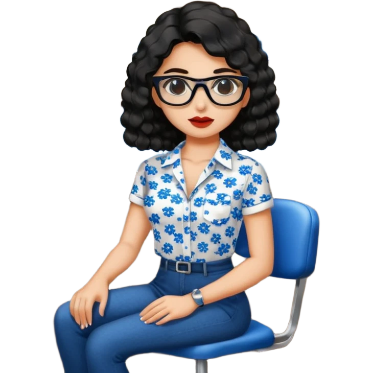 No pero que las florecitas azules estén en la camiseta dibujadasCréame una chica morena de pelo más o menos por los hombros con granitos en la cara y unas gafas negras, que esté sentado en una silla de bar con una camisa blanca con florecitas azules emoji