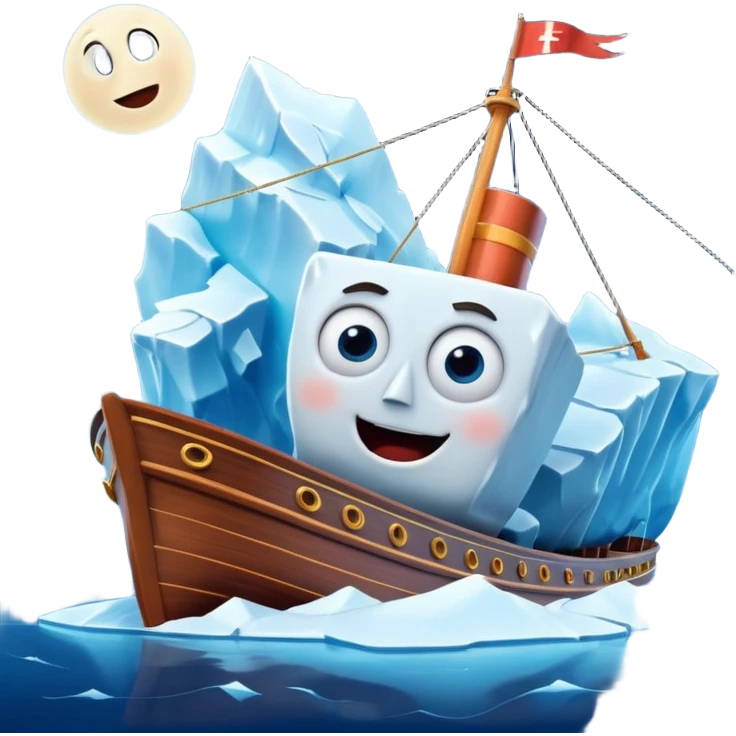 Apple Memoji style: cartoon Titanic ship with big shocked eyes, open mouth, sailing toward a giant smiling iceberg with a mischievous look, glossy icy white-blue, Pixar-level 3D, cartoon realism, calm dark blue sea, moonlit sky, vivid colors, soft shadows, glossy finish. emoji